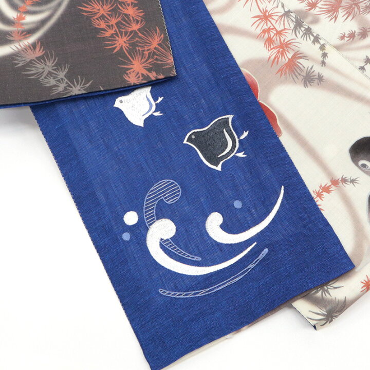 楽天市場】半巾帯 麻 夏帯 ブルー《WAKKA》刺繍帯 染リバーシブル半巾 