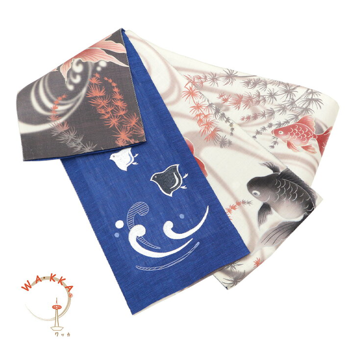 楽天市場】半巾帯 麻 夏帯 ブルー《WAKKA》刺繍帯 染リバーシブル半巾 