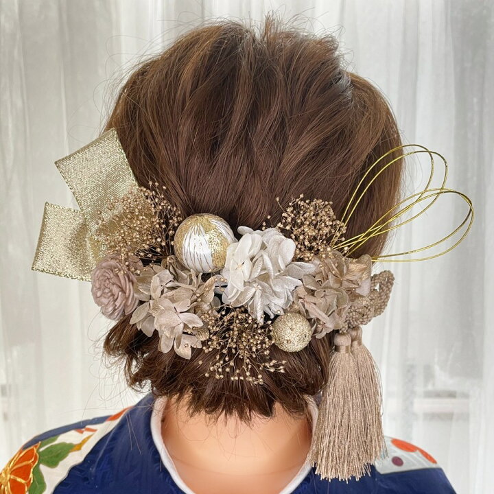 ドライフラワー ローズ 髪飾り♦︎ 結婚式 成人式 前撮り 水引 かすみ草 紫陽花