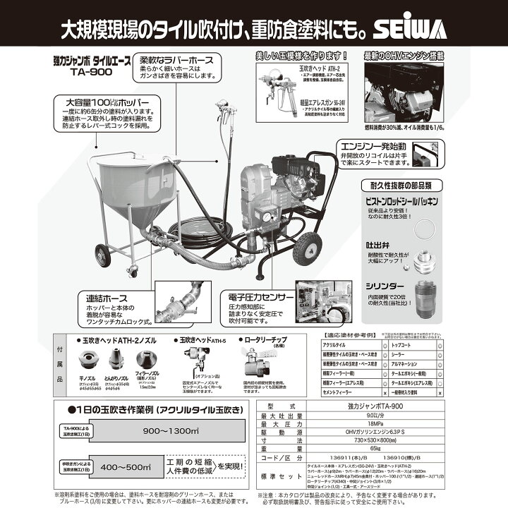 楽天市場】精和産業 強力ジャンボタイルエース TA-900KJ 標準セット 