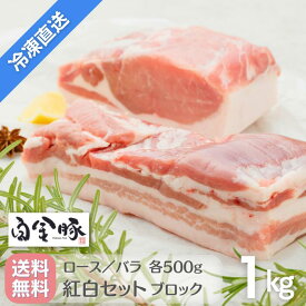 送料無料・冷凍発送【 白金豚 ブロック肉 紅白 セット 1kg 】 ロース バラ 各500g 真空パック 国産 岩手県産 豚肉 プラチナポークブランド豚 お取り寄せ グルメ ギフト 花巻東北 とんかつ バーベキュー サムギョプサル