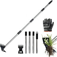雑草抜きツール 2in1 雑草取り器具 伸縮レーキ ステンレス柄付 148cm 長いハンドル 立ったまま 草むしり…