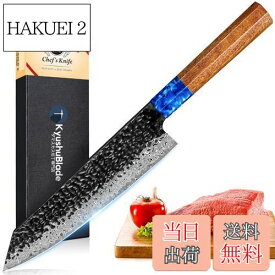 【送料無料】KyushuBlade 包丁 剣型（切付型）牛刀包丁 ダマスカス包丁 刃渡り210mm. プロ用三徳包丁, キッチン用万能包丁. 手打ち鍛造シェフナイフ, 槌目 ダマスカス模様 両刃包丁 左利き用, 錆びにくい67層の高炭素ステンレス鋼 料理包丁. 人間工学に基づいた八角形のロー