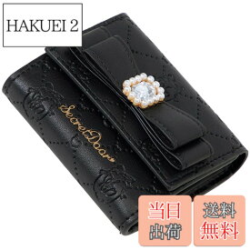 【送料無料】[SecretDoor] 三つ折り財布 ミニ財布 小さい カード ボックスコイン お札入れ ビジュー リボン パール 型押し 総柄 色：ブラック