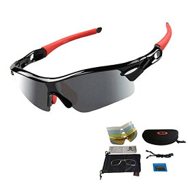 [VILISUN] 偏光レンズ スポーツサングラス フルセット UV400 軽量 釣り 自転車 野球 ゴルフ ランニング ドライブ 登山 交換レンズ5枚 ユニセックス (レッド114)