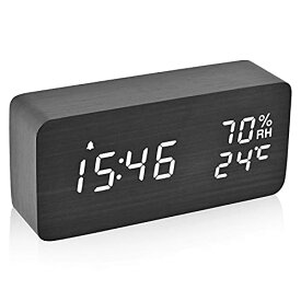 Electime デジタル目覚まし時計 木製置き時計 LED時間表示3目覚まし時計設定 USB給電 湿度と温度検出電子時計、寝室、ベッドサイドテーブル、机、オフィス、子供、家族に適しています (ブラック)