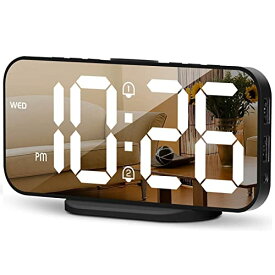 EDUP LOVE デジタル目覚まし時計、LEDミラー電子時計、2つのUSB充電ポート、スヌーズモード、12 / 24H、明るさの調整、キッチン寝室のリビングルームオフィス用のモダンな卓上時計-黒 （作業には電源接続が必要です）