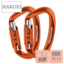 【送料無料】カラビナ 12KN オートロック式 BRAVESHINE 耐荷重1200kg ロックカラビナ Dリング 軽量 ハンモック タープ キャンプ用 荷物のフック 犬のリード用 多機能 2個セット (オレンジ2個)