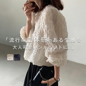 エンボストップス ブラウス レディース トップス プルオーバー かわいい 長袖 ボリューム袖 パフスリーブ ジャカード クルーネック 春 夏 秋 Tシャツ フェミニン 着回し 体型カバー ゆったり シンプル おしゃれ すっきり 大人 カジュアル こなれ感 韓国風 可愛い