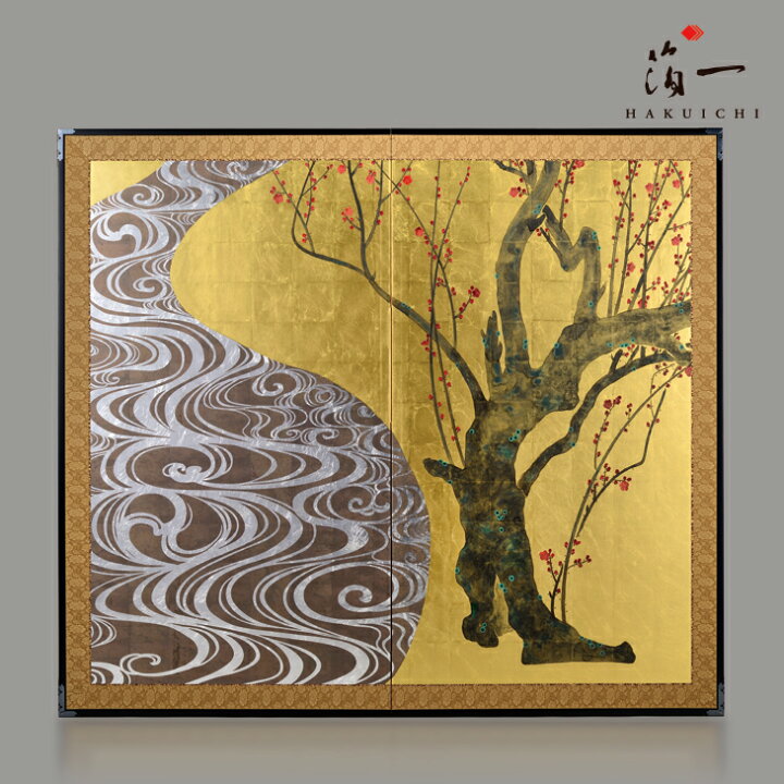楽天市場】二曲一双屏風 紅白梅図｜金箔の箔一（はくいち）｜金箔 屏風 