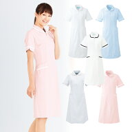 021 カゼン ナースワンピース 女性用 透け防止 ストレッチ素材 襟元配色 ピンク ブルー ホワイト 医療用 …