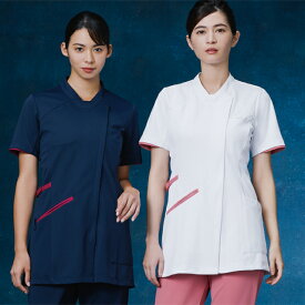 985 カゼン ナースウェア ジャケット 女性用 半袖 スマホ用ポケット ループ付き 動きやすい 工業洗濯可 制菌加工 透け防止 吸汗 制電 ストレッチ KAZEN 医療用 看護師 歯科衛生士 レディース レディス 医務衣 チュニック 上衣 Vネック ナース服 白衣 大きいサイズ 4L