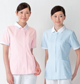 947 カゼン ナースウェア ジャケット 女性用 チェック 襟付き 半袖 工業洗濯可 制菌加工 透け防止 吸汗 制電 ストレッチ 携帯ポケット PHSポケット KAZEN 医療用 看護師 介護 歯科衛生士 看護学生 レディース レディス 白襟 上衣 チュニック 医務衣 ナース服 白衣