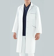 118 カゼン 診察衣 長袖 シングルボタン 男性用 ネイビーライン タブレットポケット PHSポケット ペン差…