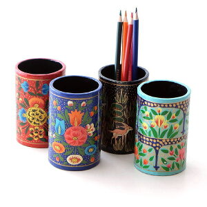 ペン立て かわいい 可愛い おしゃれ ペンたて 鉛筆立て ペンスタンド 丸 円形 筒 円柱型 コンパクト 卓上 整理 収納スタンド 小物入れ インテリア雑貨 インド 職人 エスニック ハンドペイン