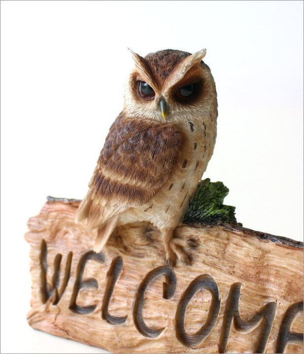 楽天市場】ふくろう 置物 フクロウ オブジェ WELCOME 木彫り風 