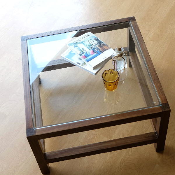 ローテーブル ガラステーブル おしゃれ 四角 正方形 無垢材 リビングテーブル 北欧 ナチュラル ウォルナットカラー シンプル モダン スンカイ ガラステーブル 62 サイドテーブル・ナイトテーブル