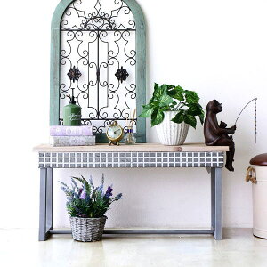 ローテーブル おしゃれ センターテーブル 木製 ウッド 天然木 横長 長方形 タイル風 北欧 レトロ アンティーク ナチュラル かわいい 玄関 花台 コンソールテーブル ディスプレイテーブル 金