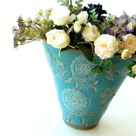 フラワーベース 花瓶 陶器 花器 おしゃれ アンティーク 花瓶 横長 口が広い 大きい フラワーベース 花入れ 花びん フラワーアレンジ 洋風 モダン かわいい デザイン 花瓶 インテリア フラワーベース クラシックなベース ラグーンブルー