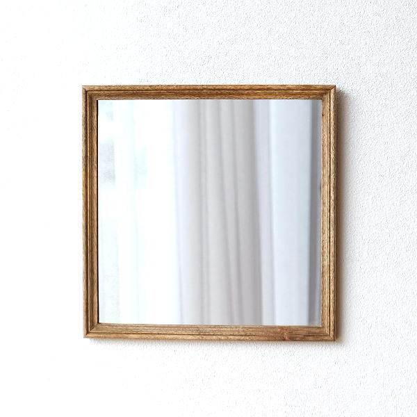 鏡 壁掛けミラー おしゃれ ウォールミラー 木製 天然木 四角 正方形 シンプル ナチュラル レトロなウッドフレームミラー | ギギｌｉｖｉｎｇ