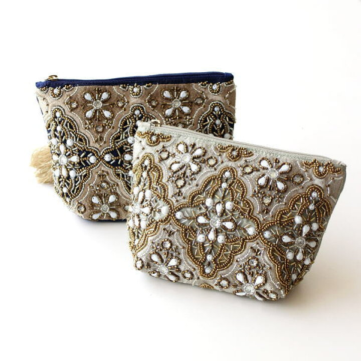 楽天市場 ポーチ 小物入れ おしゃれ マチ付き かわいい ミニ ビーズ刺繍 デザイン 化粧ポーチ 仕切り メイクポーチ プレゼント ビーズ刺繍マチ付きポーチc 2カラー ギギｌｉｖｉｎｇ