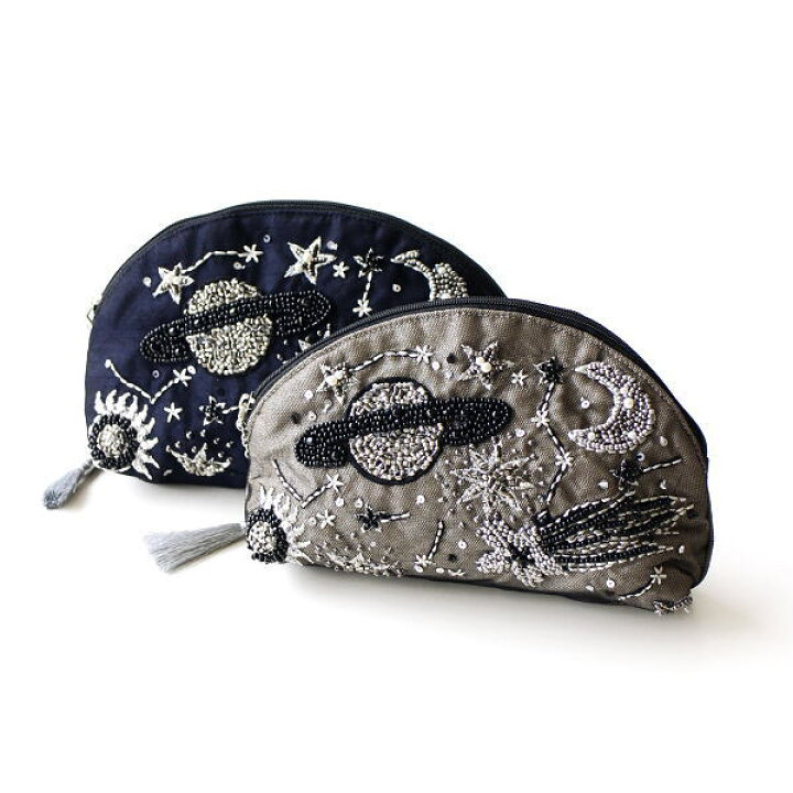 楽天市場 ポーチ 小物入れ おしゃれ マチなし かわいい ミニ ビーズ刺繍 マチ付き 宇宙 デザイン 小物 化粧ポーチ アクセサリー入れ 布製 メイク ポーチ シルバー マチ付ポーチ 宇宙刺繍2カラー ギギｌｉｖｉｎｇ