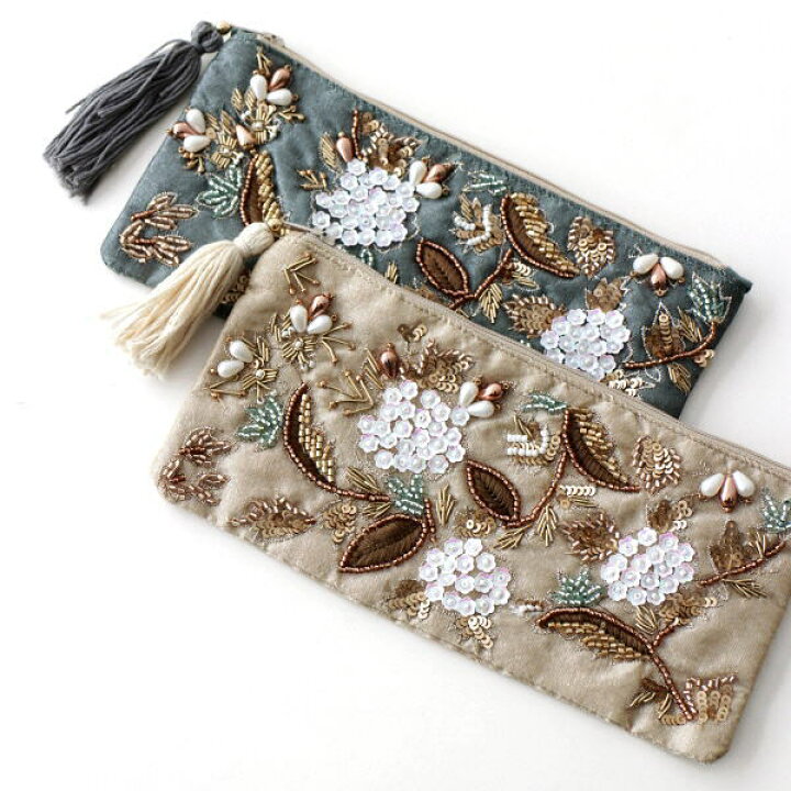 楽天市場 ポーチ 小物入れ おしゃれ マチなし かわいい ミニ ビーズ刺繍 横長 スパンコール デザイン 化粧ポーチ アクセサリー入れ メイクポーチ ビーズ刺繍横長ポーチ 2カラー ギギｌｉｖｉｎｇ