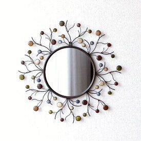 鏡 壁掛けミラー おしゃれ かわいい 壁飾り ウォールミラー アンティーク エレガント 円形 アイアン 陶器 壁面 装飾 ウォールデコ ブランチミラー