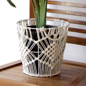 マクラメ バスケット おしゃれ 鉢カバー プランター コットンロープ かわいい 小物入れ ナチュラル ハンドル付き ランドリーバスケット インテリア マクラメ サークルバスケット S
