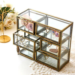 ジュエリーボックス 3段 アクセサリー収納 チェスト アクセサリーケース 引き出し 小物収納ケース 透明 ガラス 真鍮カラー 卓上 ミニチェスト アクセサリーボックス おしゃれ アンティーク