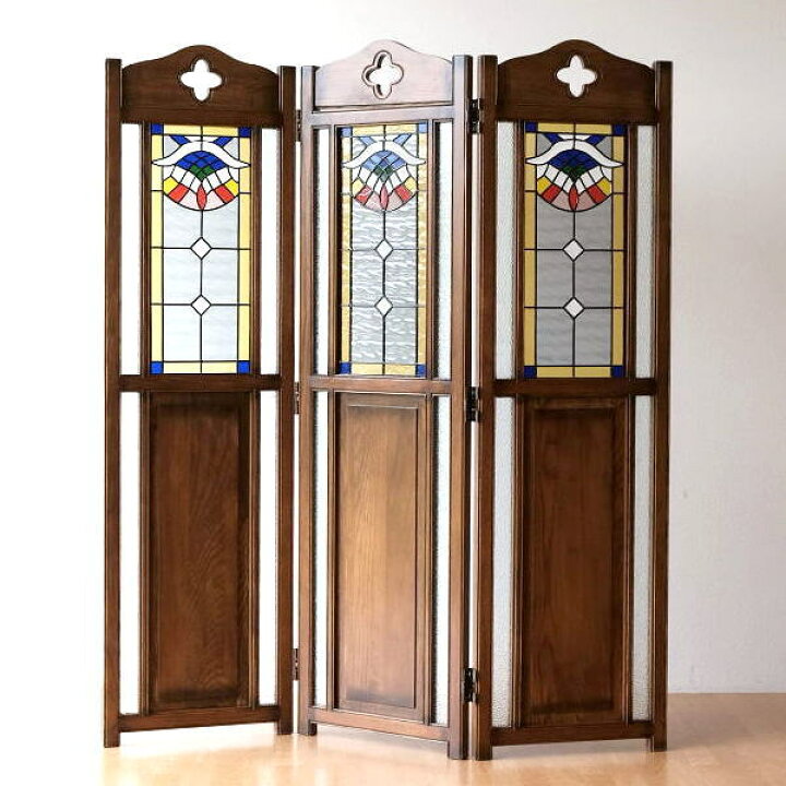楽天市場 パーテーション ステンドグラス 木製 無垢材 アンティーク おしゃれ 3連 間仕切り オークステンドグラススクリーン ギギｌｉｖｉｎｇ
