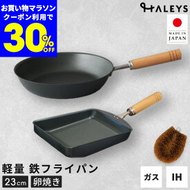 本日限定【30%OFFクーポン】 鉄フライパン 2点セット パームたわし付き 燕三条製 鉄フライパンセット パームたわし付き 23cm 鉄製 卵焼きフライパン 日本製 鉄フライパンIH 軽量 IH対応 直火 ガス火 IH 鉄 フライパン 軽い 木柄 ギフト