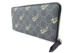 【中古】【美品】GUCCI グッチ ラウンドファスナー長財布　タイガー　トラ　 GGスプリーム 575135 ブラック