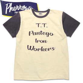 PHERROW'S（フェローズ）リンガー袖切り替えプリント半袖Tシャツ24S-PMT-TT1【S.ホワイト×エッグプラント】