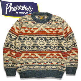 PHERROW'S　(フェローズ ）手編みクルーネック総柄セーター23W-PNS1【ネイビー】