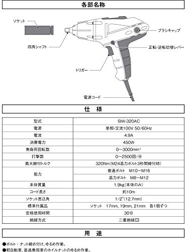 日本売上 SK11 コード式インパクトレンチ ソケット差込角1/2(12.7mm