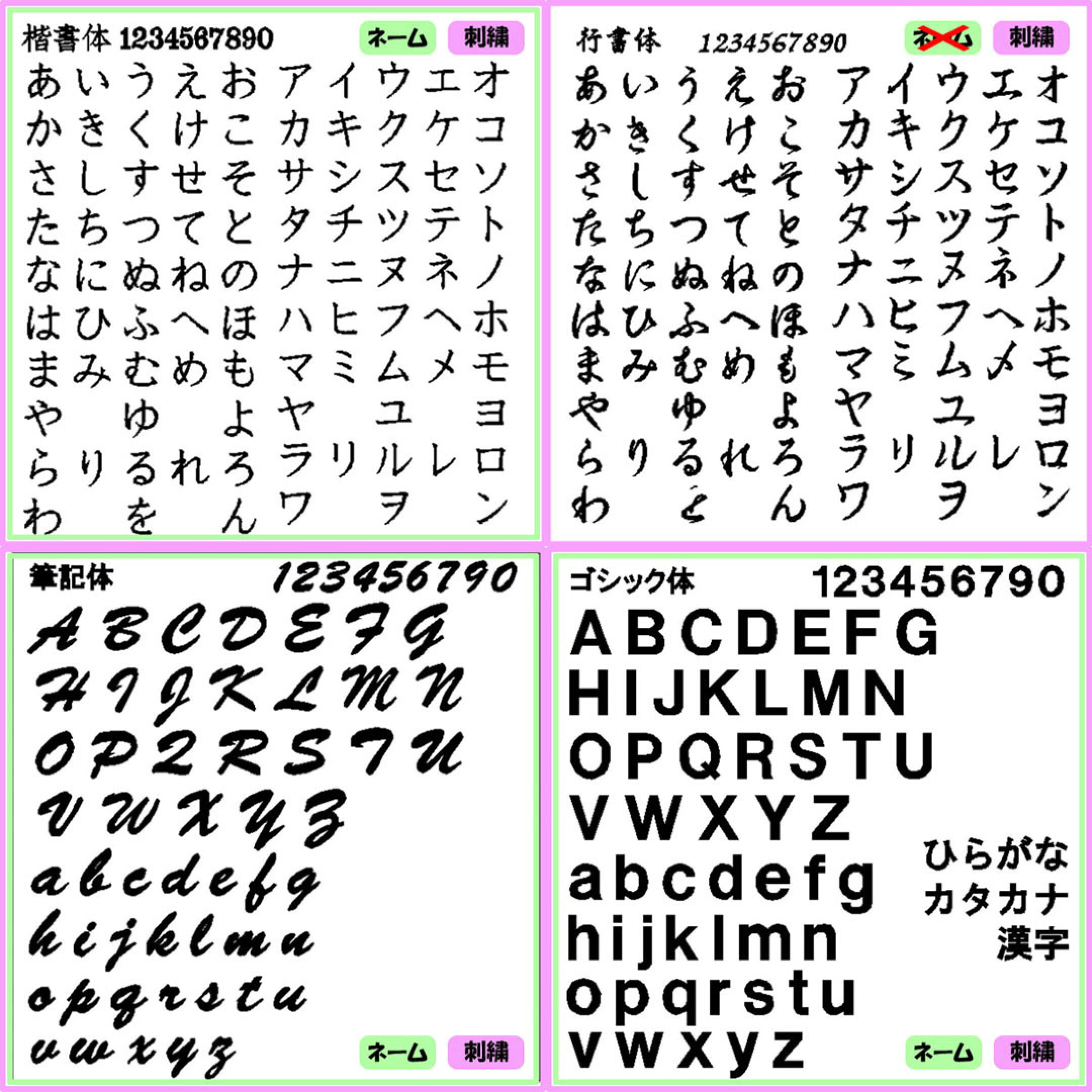 楷書体・行書体・筆記体・ゴシック体