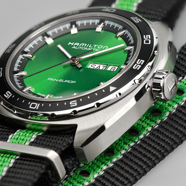 ハミルトン 公式 腕時計 HAMILTON American Classic Pan Europ アメリカンクラシック パンユーロ デイデイト  オートマティック 自動巻き 42.00MM レザーベルト グリーン × ブラック H35415761 メンズ腕時計 男性 正規品 ブランド | 