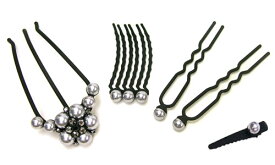 【送料無料】【宅配便！送料無料】　エレガント4点セット プチクリップおまけ付♪［セット Eスティック コーム U字ピン クリップ おまけ まとめ髪 花 結婚式 ヘアアクセサリー 夜会巻き パール］