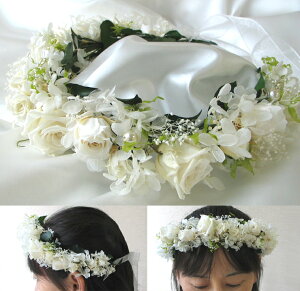 送料無料(一部地域を除く)花冠 ウエディング【花の冠】(※ブートニア無し)42cmホワイト☆【プリザーブドフラワー】ブライダル・発表会に・ヘッドドレス フラワークラウン【楽ギフ_メ