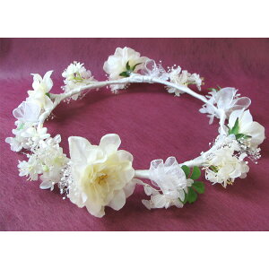 送料無料(一部地域を除く)花冠 ウエディング アートフラワー【造花】ヘッドドレス【花の冠】ホワイトフラワークラウン アーティフィシャルフラワー 造花 装花 ウェディング