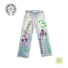 CHROME HEARTS クロムハーツ LEVI'S リーバイス 501 STENCIL DENIM ステンシル ペイントデザイン クロスパッチ付き ストレート デニムパンツ ブルー パープル パンツ ボトムス メンズ ブルー 32 プレゼント