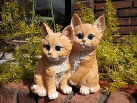 ガーデニング雑貨 ガーデンねこ キャット置物 樹脂 アニマル 動物 雑貨『2匹の子猫ちゃん・ベージュ』
