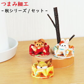 【受注生産品】秋シリーズ つまみ細工[秋/セット つまみ花の手のり細工シリーズ] りす うさぎ きつね ミニサイズ 置物 玄関 プレゼント ミニチュア 手のひらサイズ ちりめん細工館 置き飾り 秋 縁起物 ご利益 和雑貨 開運 ディスプレイ