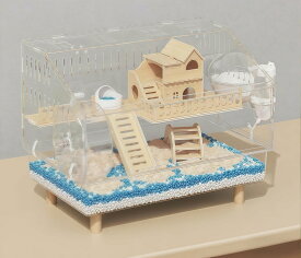 ハムスターケージ 透明 アクリル ハムスターケージ 2階建て 47x30x37cm ハムスターハウス 小動物 広い空間 持ち運びやすい 通気穴いっぱい お掃除しやすい 給水ボトル 回し車 お風呂 組み立てが簡単 掃除が簡単 プレゼント ギフト 贈り物 送料無料