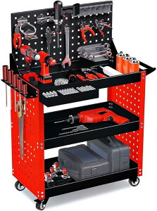ツールワゴン キャスター付き カート キャリーワゴン ツールワゴン ツールカート 工具ワゴン 工具カート 3段 キャスター付 ドライバーホール メッシュパネル 側面プレート 耐荷重195KG 360度