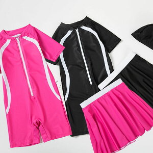 水着 女の子 キッズ 水着 オールインワン水着 スカート付き 帽子付き スクール水着 小学生 水着 子供 海 女児用 スイムウェア 水泳 温泉 スポーツ ビーチ ピンク ブラック 80 90 100 110 120 130 ベ