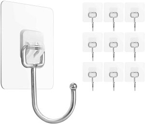 フック 壁 傷つけない 超大型 耐荷重20kg 防水と防錆 壁掛けフック 透明フック 強力フック 粘着フック 貼り付け跡なし 穴あけ不要 浴室/台所/玄関/部屋等適用(10枚)