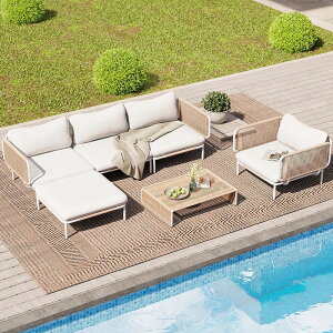 高級別荘庭園家具レジャー民宿屋外テラスガーデン籐編みチークソファテーブルセット