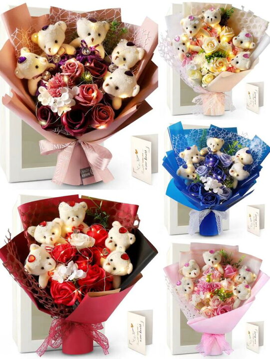 ソープフラワー 花束 ローズ5輪 バラ ぬいぐるみ花束 お花 卒業祝い ベアー6匹 プレゼント ギフト ブーケ 合格祝い くま束